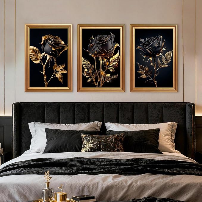 ICHZUMW Black and Gold Wall Decor, Gold Framed Glam Rose Canvas Wall Art, Set of 3 Ready to Hang Fade Resistant Floral Prints with Moody Dark Academia Aesthetic for Bedroom Living Room, 16x24 Inches