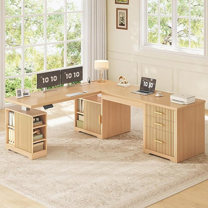 SEDETA Fluted L Shaped Electric Standing Desk, 63" x 67" Height Adjustable Home Office Executive Desk with Drawers and Shelves, Two Person Desk with Power Outlet for Home Office, Oak