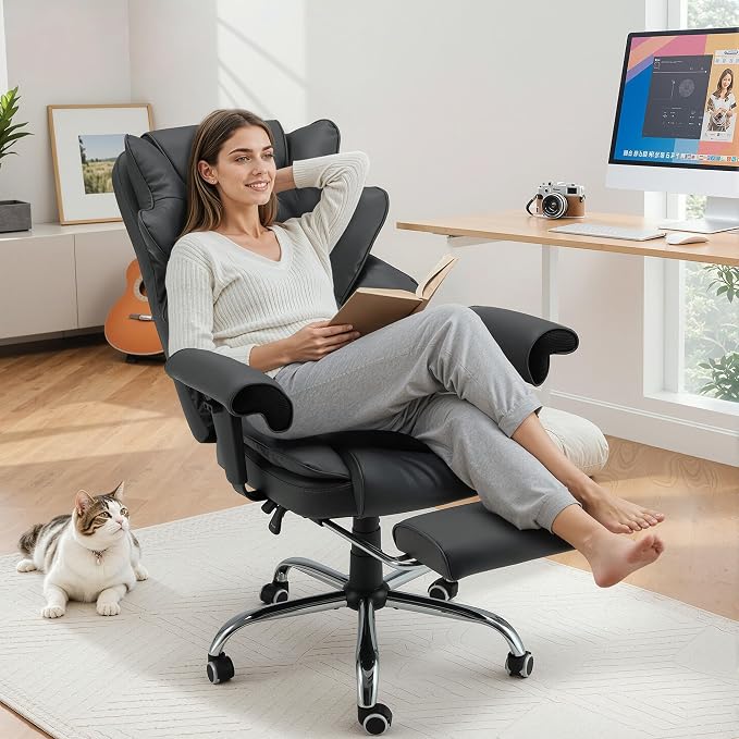 HOMREST Ergonomic Executive Chair with 6-Point Vibration & Heat, Reclining PU Leather Big & Tall Desk Chair, Retractable Footrest & Adjustable Armrest for Home Office Gaming Study, Black