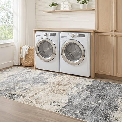 Runner Rug Kitchen Washable Rugs: 3x8 Non-Slip Abstract Soft Modern Stain Resistant Indoor Floor Neutral Accent Throw Carpet for Hallway Bathroom Laundry Room Entryway Bedroom- Grey Brown