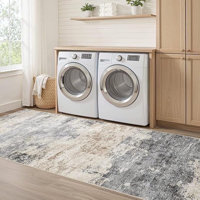 Runner Rug Kitchen Washable Rugs: 2x10 Non-Slip Abstract Soft Modern Stain Resistant Indoor Floor Neutral Accent Throw Carpet for Hallway Bathroom Laundry Room Entryway Bedroom- Grey Brown