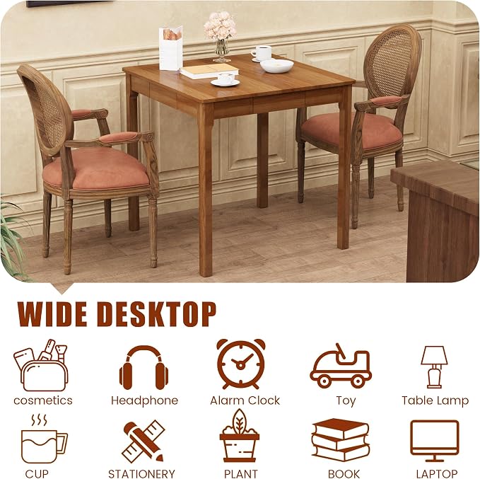 Solid Wooden Desk with Drawers - 29.5” Square Dining Table for 2-4 People, Rubberwood Mid Century Modern Desks, Small Writing Desk for Small Spaces|Bedroom|Kitchen|Apartment - Walnut Desks