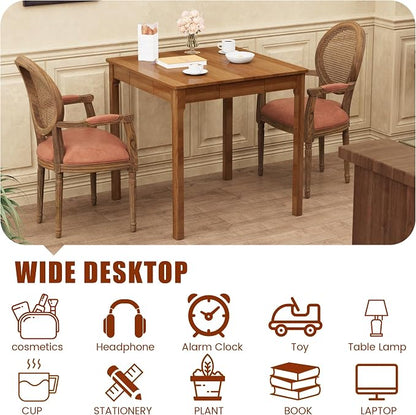 Solid Wooden Desk with Drawers - 29.5” Square Dining Table for 2-4 People, Rubberwood Mid Century Modern Desks, Small Writing Desk for Small Spaces|Bedroom|Kitchen|Apartment - Walnut Desks
