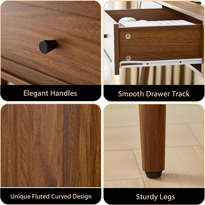Mid-Century 59" Wood Writing Desk, Home Office Computer Laptop Desk with 2 Flip Storage Space + 2 Drawer, 150 CM Elegant Fluted Vanity Table Multifunctional Study Desk for Office, Bedroom (Wlanut)