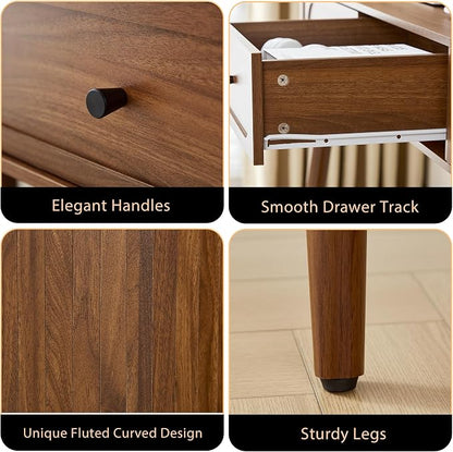 Mid-Century 59" Wood Writing Desk, Home Office Computer Laptop Desk with 2 Flip Storage Space + 2 Drawer, 150 CM Elegant Fluted Vanity Table Multifunctional Study Desk for Office, Bedroom (Wlanut)
