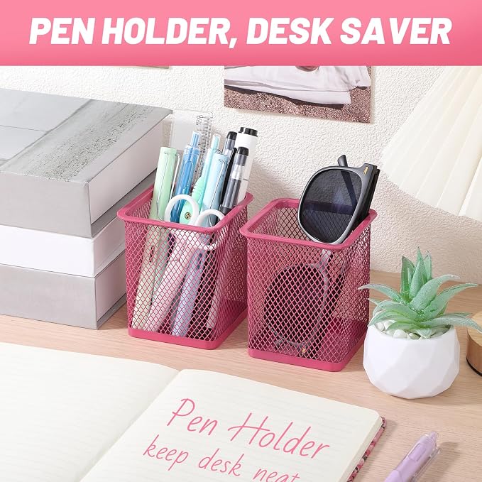 Segarty Pen Cup Holder, 3 Pack Square Dark Pink Pen Holder for Desk, Cute Mesh Pencil Cups Container Set for Office Supply, School Classroom, Home Desktop Storgae and Organization, Brushes Organizer