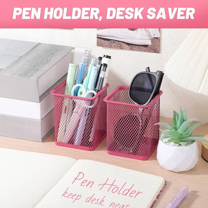 Segarty Pen Cup, 12 Pack Square Dark Pink Pen Holder for Desk, Multifuntional Mesh Pencil Cups Holder for Marker, Office Supplies, School Students, Home, Desktop Accessories Storage Organizer