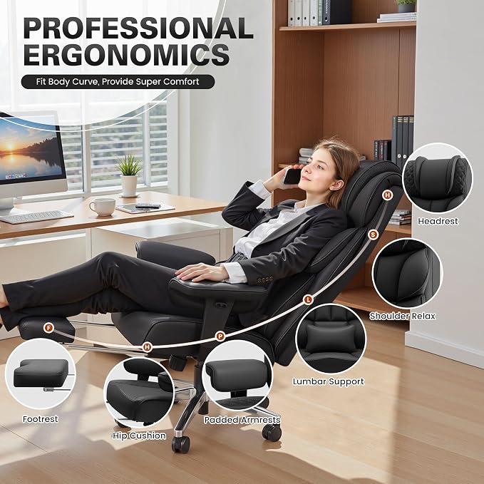 Office Desk Chair, Big and Tall Leather Gaming Chair with Footrest, Wide Ergonomic Comfy Executive High-Back Reclining Computer Chairs, Swivel Rolling Wheels and Padded Lumbar Support, Black Updated