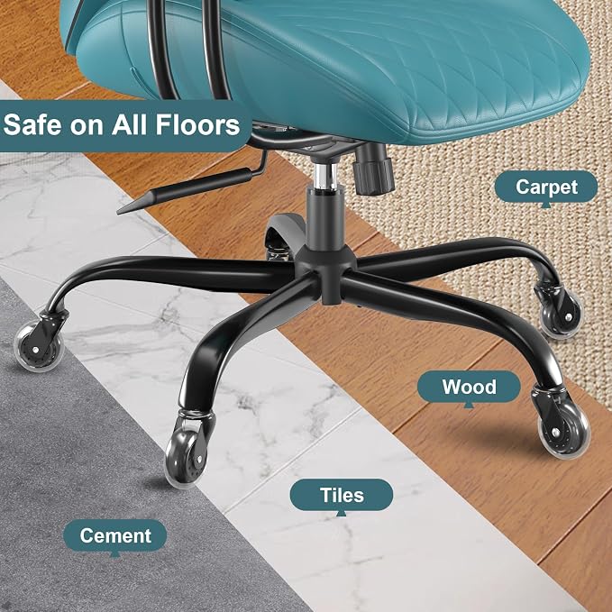 E-Ser Leather Desk Chair, Mid Century Modern Office Chair, Green | Lumbar Support, Ergonomic, 360° Swivel, Rubber Rolling Wheels, Adjustable Height, for Adults