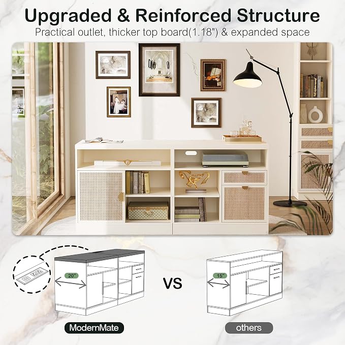 ModernMate 2 Drawer Lateral File Cabinet, 63" Wood Filing Cabinet for Home Office with Lock, Adjustable Storage Shelves, AC/USB, Sliding Door, Wide Office Credenza, Fits Letter/A4 Size, White Rattan