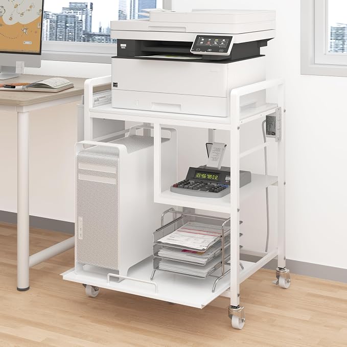 Sedegn Large Printer Stand with Wheels: Lockable Rolling Printer Cart | 24 x 18 Inch Top Fits Laser Printers Shredders and PC Towers 3-Outlet Power Strip and Storage Bag for Home Office (White)