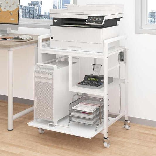 Sedegn Large Printer Stand with Wheels: Lockable Rolling Printer Cart | 24 x 18 Inch Top Fits Laser Printers Shredders and PC Towers 3-Outlet Power Strip and Storage Bag for Home Office (White)