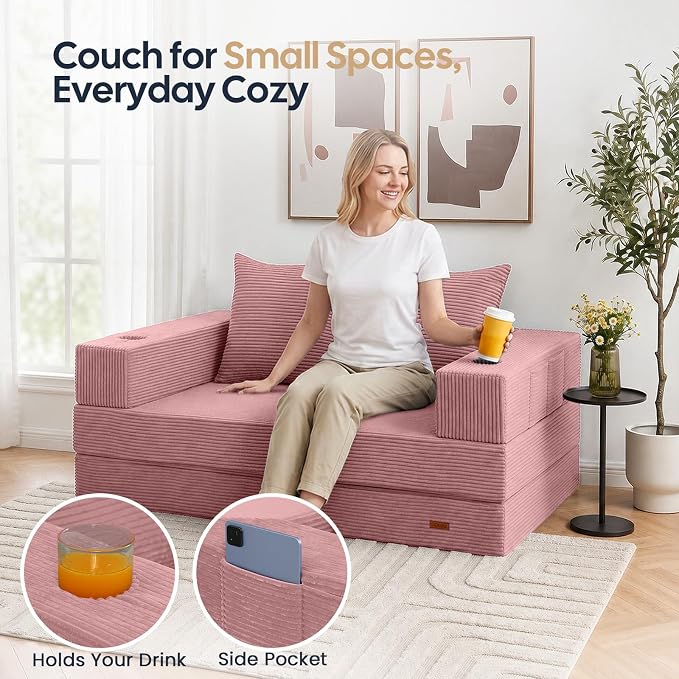 COMAX Futon Sofa Bed, 4‑in‑1 Convertible Sofa Bed, Folding Boneless Couches | Boneless Couch for living room, Fold Out Small Foldable Loveseat Floor Sleeper Mattress Lounge Space‑Saving, Pink