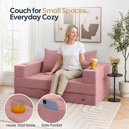 COMAX Futon Sofa Bed, 4‑in‑1 Convertible Sofa Bed, Folding Boneless Couches | Boneless Couch for living room, Fold Out Small Foldable Loveseat Floor Sleeper Mattress Lounge Space‑Saving, Pink