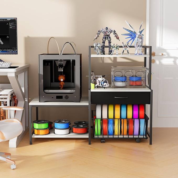Saudism 3D Printer Stand with Storage Drawer and Rolling Filament Basket, Industrial Printer Table with Open Shelves and Hooks, Sturdy Metal Workstation for 3D Printing Tools and Accessories, Gray