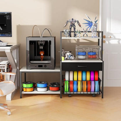 Saudism 3D Printer Stand with Storage Drawer and Rolling Filament Basket, Industrial Printer Table with Open Shelves and Hooks, Sturdy Metal Workstation for 3D Printing Tools and Accessories, Gray