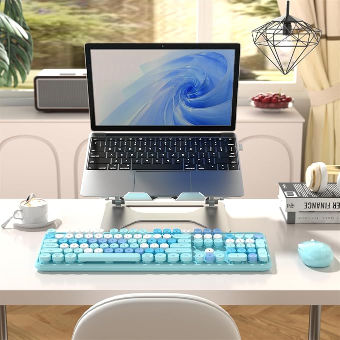 MPTOG Colorful Wireless Computer Keyboard and Mouse Combo with Round Typewriter Keycaps, Retro Design, Power Switch, Ergonomic Design, 2.4GHz Wireless for Windows, Mac, PC (Blue-Colorful)