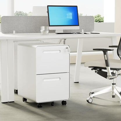 2 Drawers Metal Filing Cabinet with Lock, with 25 File Folders, Mobile Vertical Cabinet with Fully Assembled Except Casters, for Home Office, White