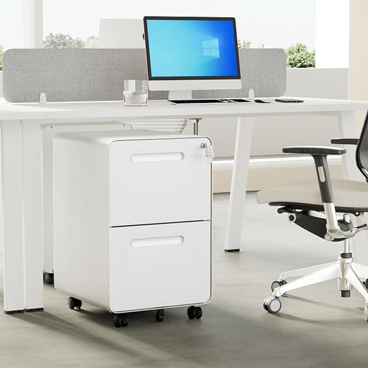 2 Drawers Metal Filing Cabinet with Lock, with 25 File Folders, Mobile Vertical Cabinet with Fully Assembled Except Casters, for Home Office, White