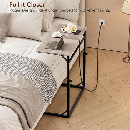 Vagusicc C Shaped End Table with Charging Station, C-Table End Table Adjustable Height Side Table for Couch, Large Couch Table, Slide Under Couch Table TV Tray Table for Sofa,Living Room,Bedroom, Grey