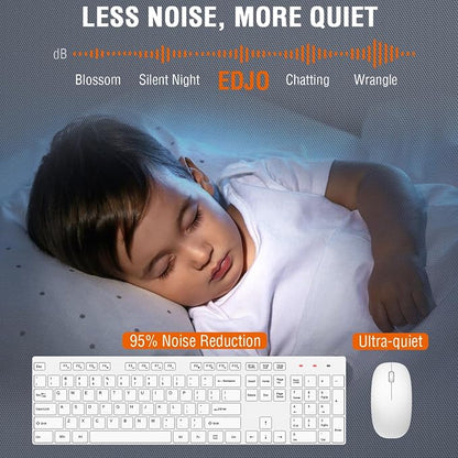 Wireless Keyboard and Mouse Combo, EDJO Silent Full Size Cordless USB Keyboard Mouse, 2.4GHz Lag-Free, Long Battery Life, for Computer, Laptop, PC, Chromebook, Windows (White, 1 Pack)