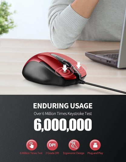TECKNET USB Wired Mouse, 6-Button Corded Computer Mouse with 4 Adjustable DPI, Optical Computer Mice with Ergonomic Design and 5FT Cord for Laptop, Chromebook, PC, Desktop, Mac, Notebook - Dard Red