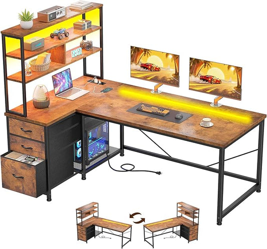 55"Computer Desk with Remote Aluminum LED Lights, 3 Fabric Drawers & 3 Shelves, Reversible L Shaped Desk Office Desk with Power Outlet and PC Stand for Gaming Desk, Corner Desk for Bedroom,Dorm, Brown