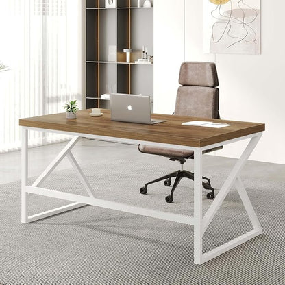HSH Farmhouse Desk Computer Table, Modern Home Office Desk, Student Desk for Bedroom, Rustic Wood and Metal PC Laptop Desk, Simple Writing Study Gaming Desk Executive Workstation, 55 Inch