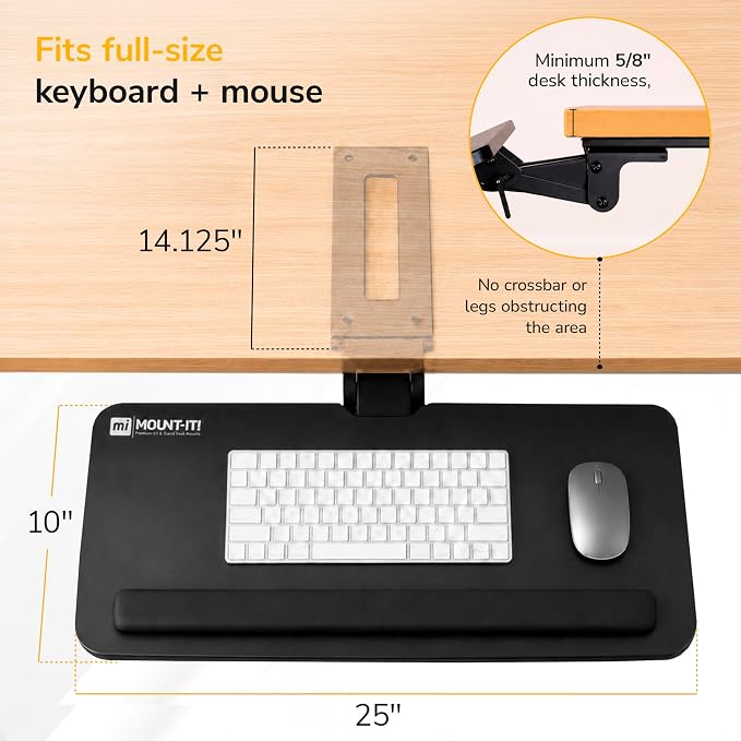 Mount-It! Under Desk Keyboard Tray, Slide-Out Keyboard Drawer with Height, Tilt and Swivel Adjustment, 25" x 10" Keyboard & Mouse Platform with Wrist Rest, Bolt-On Under Desk Mount