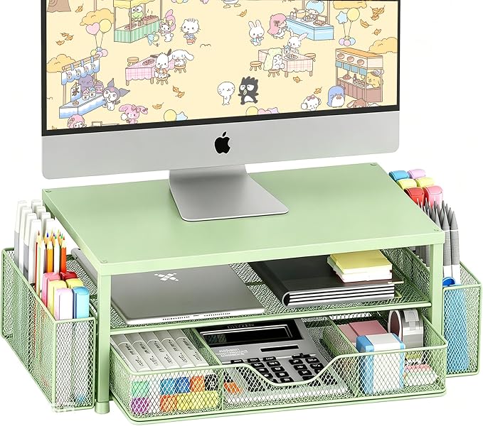 OPNICE Desk Organizers and Accessories, 2-Tier Computer Monitor Stand Riser with Drawer and 2 Pen Holders, Laptop Stand, Office Desk Accessories for Office Supplies, Green
