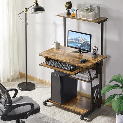 Topeakmart Retro Computer Desk on Wheels Mobile Computer Desk with Printer Shelf and Keyboard Tray, 3 Tiers Home Office Desk with Storage for Small Space, Compact Computer Workstation, Rustic Brown
