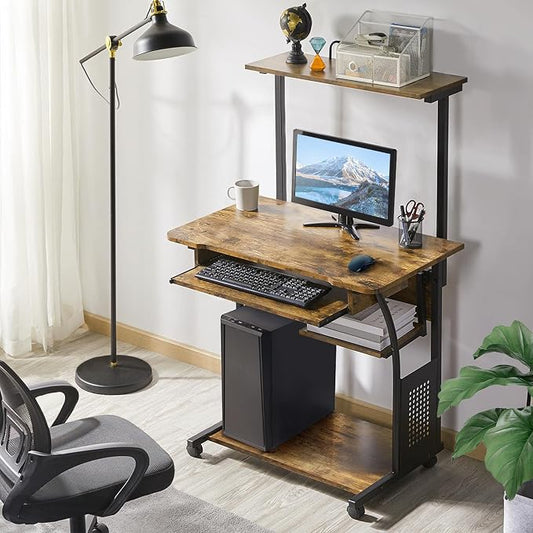 Topeakmart Retro Computer Desk on Wheels Mobile Computer Desk with Printer Shelf and Keyboard Tray, 3 Tiers Home Office Desk with Storage for Small Space, Compact Computer Workstation, Rustic Brown