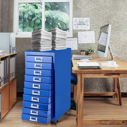 File Cabinet MINI 10 Tier Metal File Organizer Document Organizer with Wheel, White Color, for Home Office, Office Desk File (Blue)
