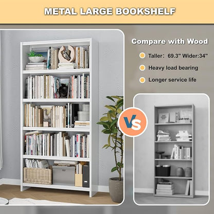 OSEILLC Bookshelf, 69" Tall White Bookshelf with 5 Storage Shelves, Large Metal Bookshelves, 5 Tier Sturdy Bookcase for Living Room, Library, Office, Bedroom, Including Book Stopper,Simple Assembly
