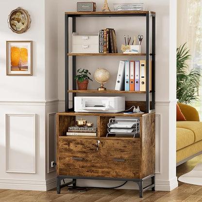 Homieasy File Cabinet with Charging Station, Vertical Filing Cabinet with Lock & Large Drawer, Printer Stand with Storage Shelves, Office Storage Cabinet fits Letter/A4/Legal Size, Rustic Brown