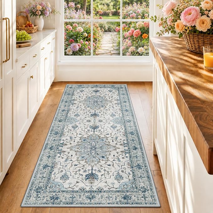 RELEANY Area Rugs Runner 2'x6' Washable Non-Slip, Floral Vintage Distress Medallion Carpet for Kitchen Hallway Bedroom Beside Laundry Room Bathroom, Light Blue Navy Gray White