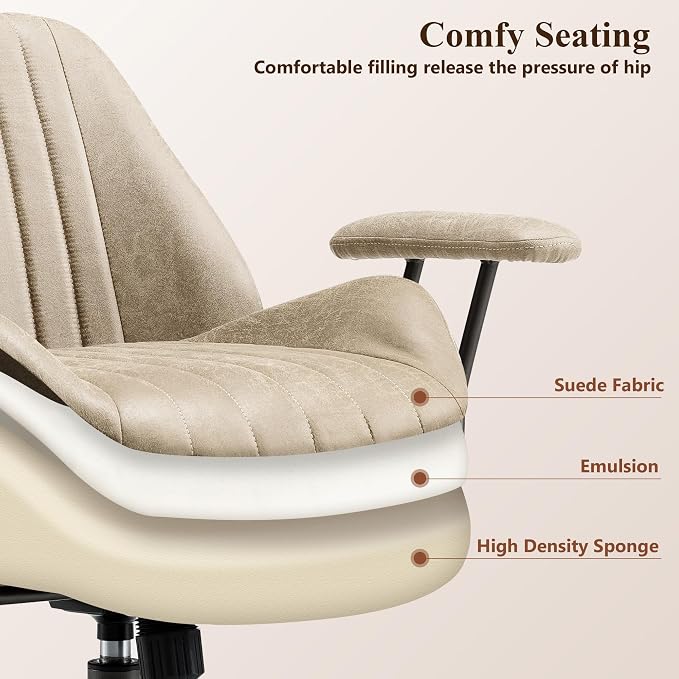 Mid Century Modren Office Chair - Fuax Leather Suede Brown Executive Chairs Ergonomic Mid Back with Lumbar Support, Swivel Computer Desk Task Chair with Wheels for Home Office (Beige, Mid Back)