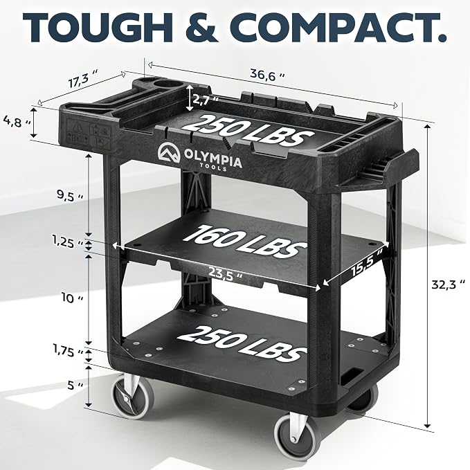 Olympia Tools 2-in-1 Heavy Duty Utility Work Cart, Rolling Tool Cart with Wheels, Convertible 3-Shelf to Flat Top Workstation, 660 Lb Capacity, Black