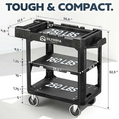 Olympia Tools 2-in-1 Heavy Duty Utility Work Cart, Rolling Tool Cart with Wheels, Convertible 3-Shelf to Flat Top Workstation, 660 Lb Capacity, Black