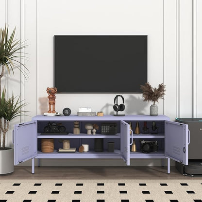 Purple TV Media Stand for 100" TV, 3 Door Metal Accent Cabinet with Removable Shelves, Steel Storage Locker for Living Room Bedroom, Lockable Door, 22" H X 47.3" W X 13.8" D