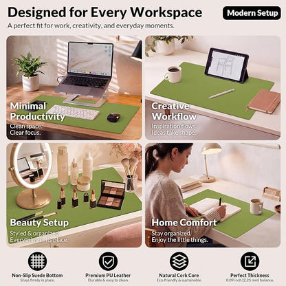 AFIING Cork Desk Mat, 35.4" x 17", Olive Green,Desk pad Protector | Dual-Sided Cork & PU Leather, Large Mouse Pad, Non-Slip & Waterproof