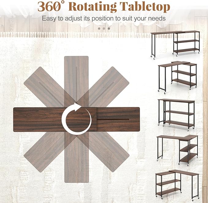 Tangkula Large 360° Free Rotating Sofa Side Table, Patented Mobile Couch Desk with 2-Tier Storage Shelves, Movable Laptop Desk with Sturdy Metal Frame, Extendable Couch Snack Table for Home Office