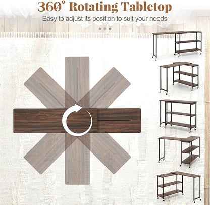 Tangkula Large 360° Free Rotating Sofa Side Table, Patented Mobile Couch Desk with 2-Tier Storage Shelves, Movable Laptop Desk with Sturdy Metal Frame, Extendable Couch Snack Table for Home Office