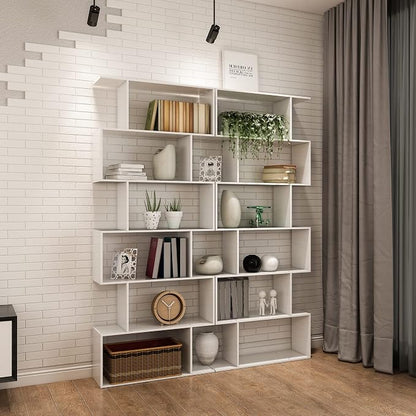 Yusong S Shaped Bookshelf, Modern Geometric Bookcase, 6-Tier White Display Case Book Shelf
