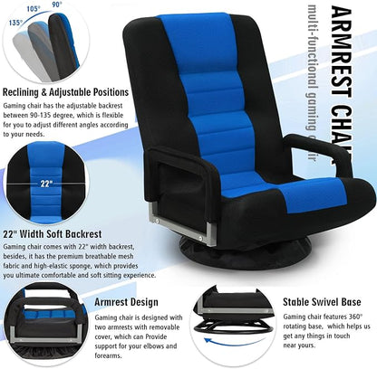 Swivel Floor Gaming Chair w/Armrests, Folding Video Reclining Sofa w/6 Adjustable Position, Padded Backrest & Cushion, Lazy Lounger Couch for E-Sports, Reading, Relaxing, Watching TV, Blue