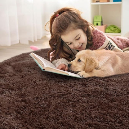 OLANLY Coffee Round Rugs for Bedroom - Machine Washable, 9 ft Circle Area Rugs for Living Room, Soft and Fluffy Shaggy Carpet for Teen Girls and Boys, Nursery Rooms, Dorms, Home Decor Aesthetic