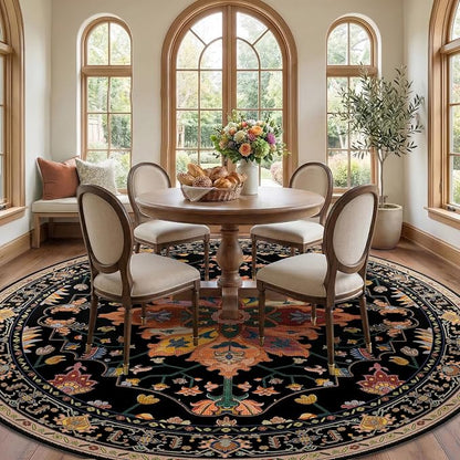 RELEANY Area Rugs Round 8ft Washable Non-Slip, Floral Vintage Distress Medallion Carpet for Living Room Bedroom Dining Room, Black Colorful Floral Dark Tan