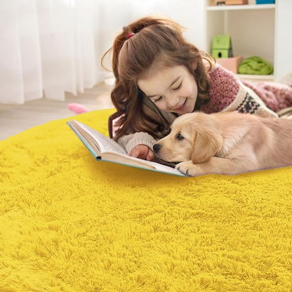OLANLY Yellow Round Rugs for Bedroom - Machine Washable, 8 ft Circle Area Rugs for Living Room, Soft and Fluffy Shaggy Carpet for Teen Girl and Boys, Nursery Rooms, Dorms, Home Decor Aesthetic