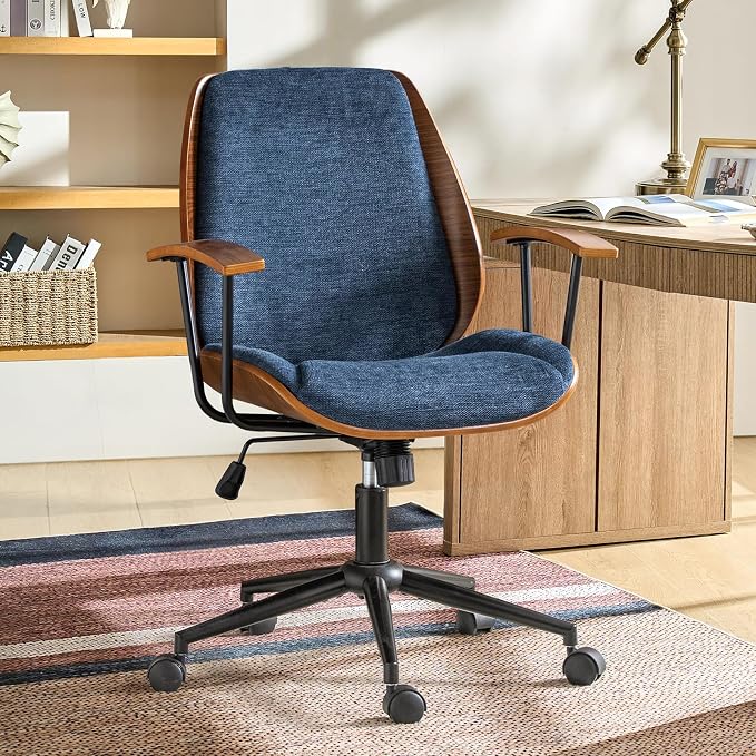 Modern Ergonomic Office Chair with Wood Frame & Metal Base, Swivel Home Office Desk Chairs with Adjustable Height, Comfy Upholstered Computer Chair, Navy