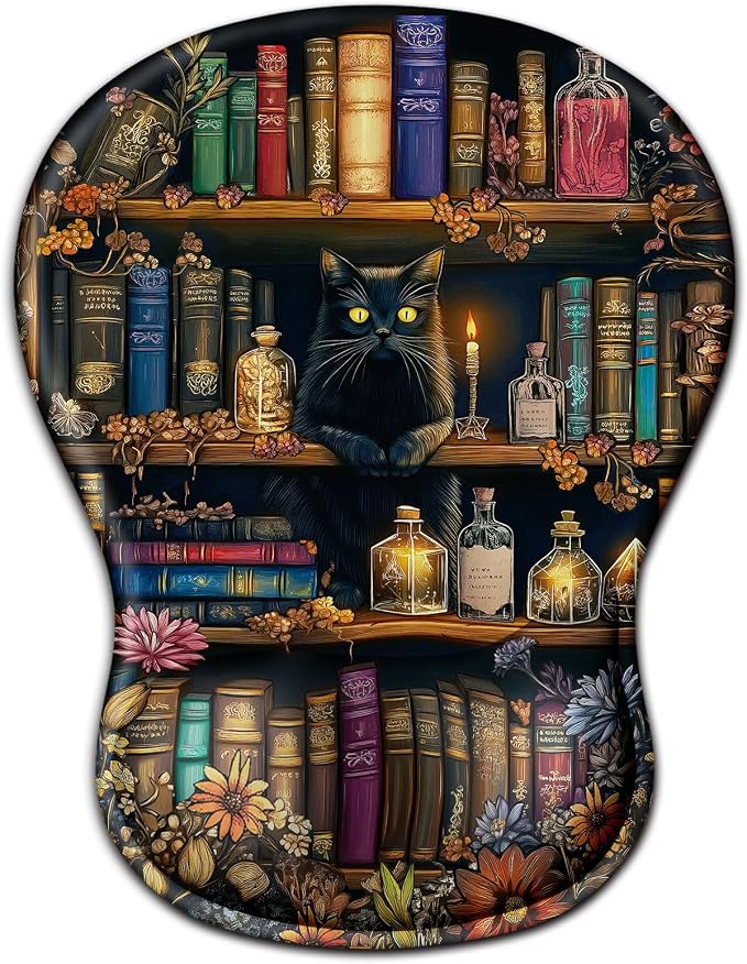Cat Mouse Pad with Wrist Rest Cute Ergonomic Mousepad Middle Concave Office | Book Wrist Support for Women, Desk Accessories, Gaming, Work, Home, Non-Slip PU Base, for Wireless Mouse Computer Laptop